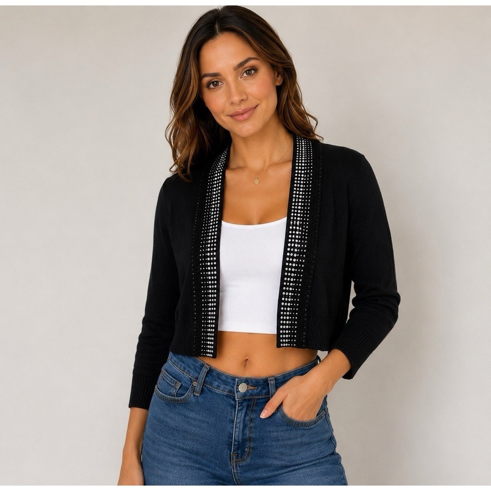 Calvin Klein Rhinestone Open Front Cropped Knit Cardigan Black Size M